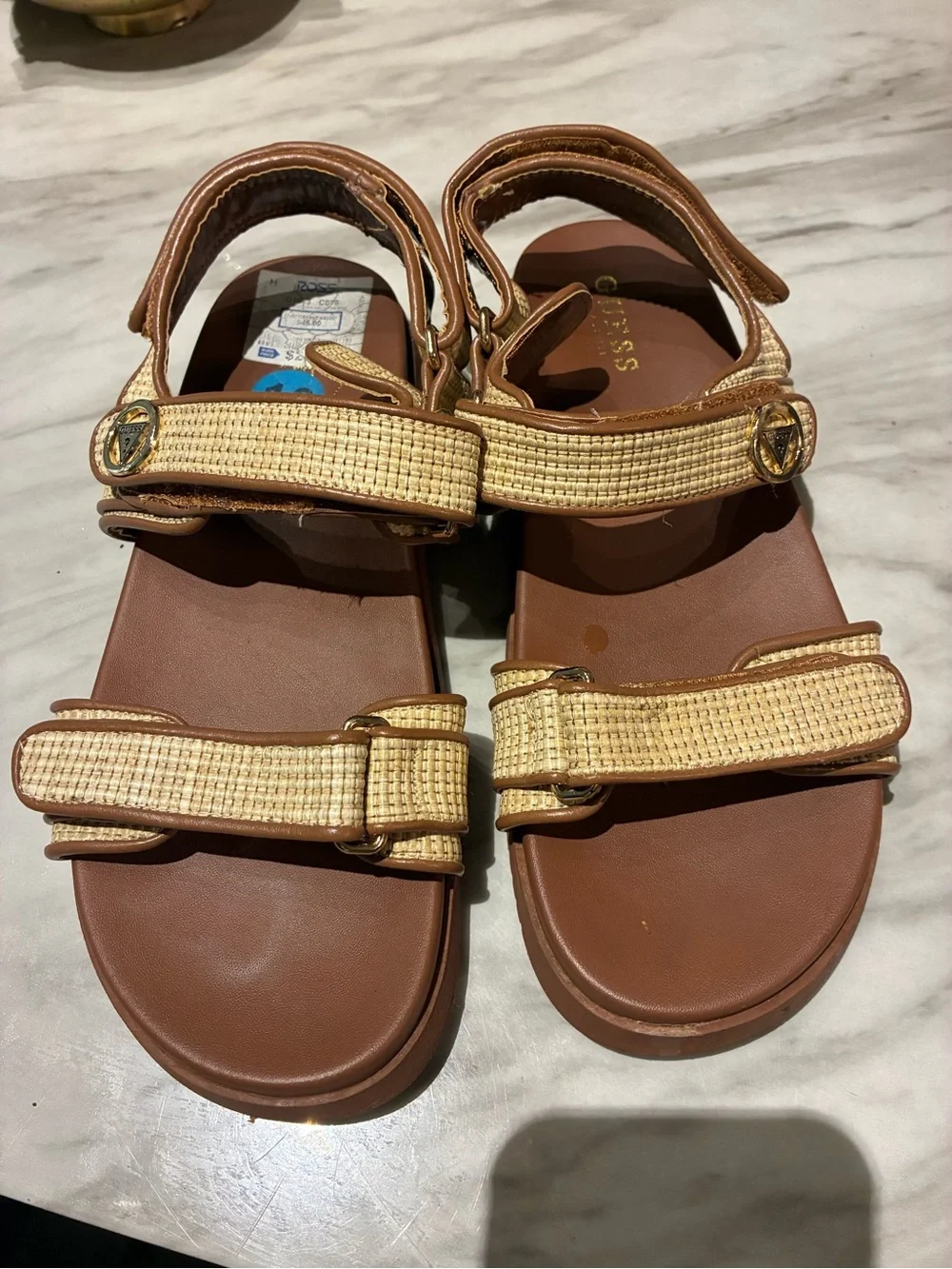 Guess Brown Sandal with Natural Woven Straps - Women